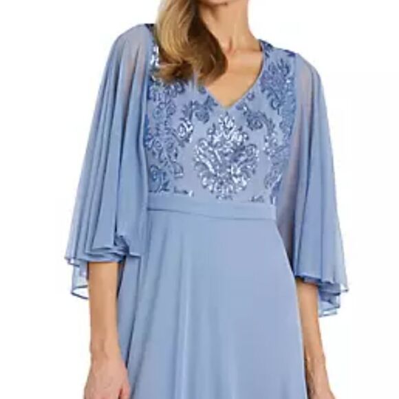 Women's R&M Richards Embroidered Sequin Bodice Dress with Cape Sleeves fits 6-8